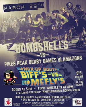 Poster for this Saturday's roller derby double header. Also, the Roller Derby 20XX sprite needs to be my new HabitRPG avatar.