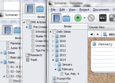 A selection of binders demonstrating Scrivener's versatility